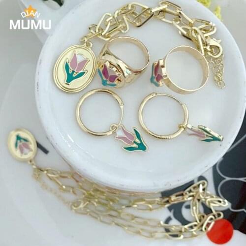 New Metal Drop GlazeTulip Flower Hoop Earrings Bracelet For Women Girls Cute Ring Chain Choker Party Necklace Jewelry Set
