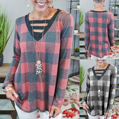 Autumn Winter Streetwear Womens Casual Temperament Loose Comfortable V-Neck Contrast Color Plaid Long-sleeved Sweater Tops