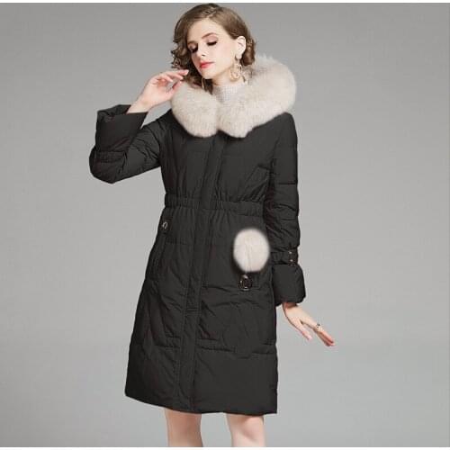 New style winter women temperament thicken fashion hooded duck down coat oversize medium long female outerwear lady fox hair