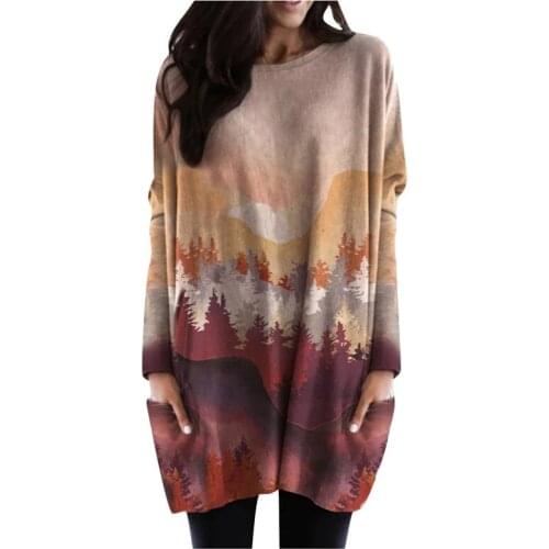 Women Casual Sweatshirts Dress, Landscape Painting Printing Long Sleeve Oversized Pullover Jumper Dress with Pockets