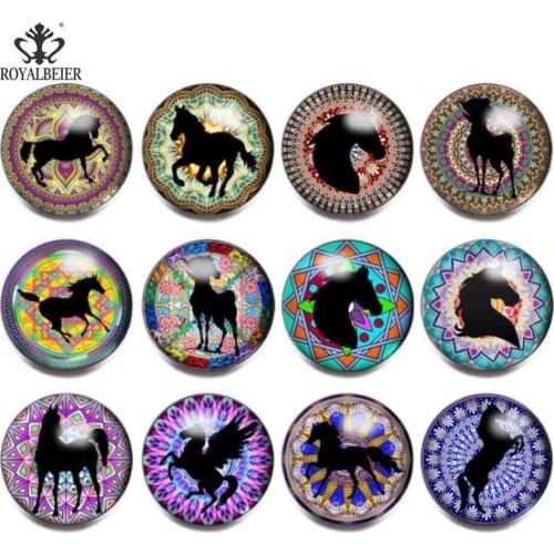 Royalbeier 12pcs/lot Horse Print Snap Button Glass Charms 18mm Jewelry DIY Earrings Bracelet Roman Knight Animal Snap Button