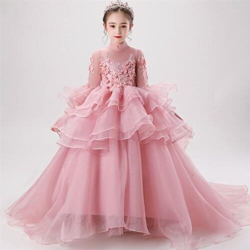 Summer Spring Luxury Model show Catwalk Performance Princess Long Tail Mesh Dress Children Girls Luxury Birthday Evening Dress