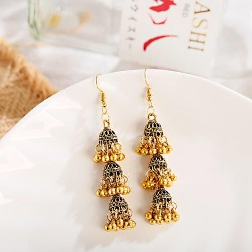 Vintage Indian Jhumka Jhumki Earrings Bollywood Three-layer Birdcage Long Drop Dangle Earrings For Women Gypsy Tribe Jewelry