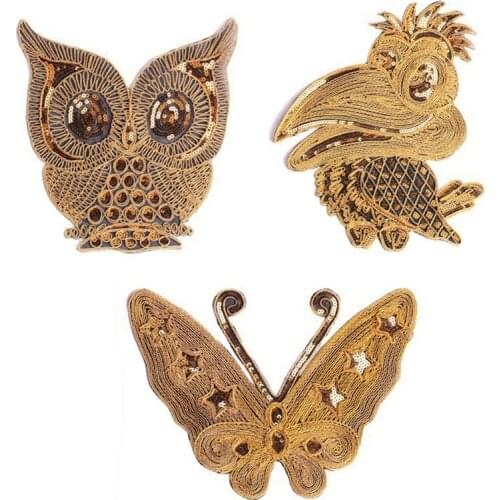 High Quality Golden Owl Butterfly Crow Patches Sew On Appliques Cartoon Sequins Embroidery Woodpecker Clothes Dress Accessories