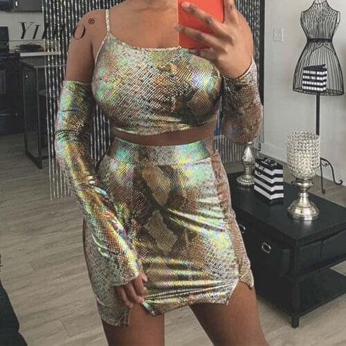 YiDuo 2020 Pu Leather Long Sleeve Snakeskin Cut Out Sequined Sexy Crop Top Mini Skirt 2 Piece Set Winter Women Club Suit Outfit