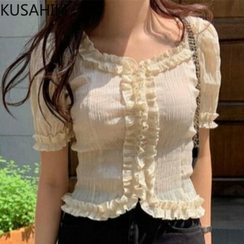 KUSAHIKI Sweet Folds Slim Short Blouse Tops Puff Sleeve Square Collar Woman Shirt 2021 Summer Korean Ruffle Blusas Mujer 6J169