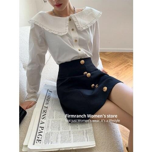 Firmranch French Style For Women New White Ruffles Golilla Shirt Long Sleeve Pure Cotton Female Shirt