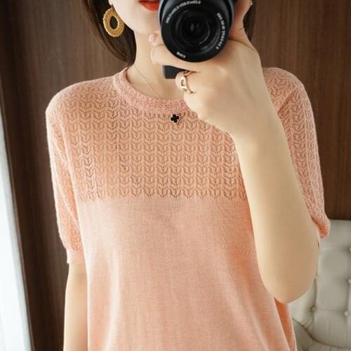 Summer T-shirt ladies wool knitted short-sleeved 2021 new loose hollow round neck half-sleeved solid color pullover T-shirt
