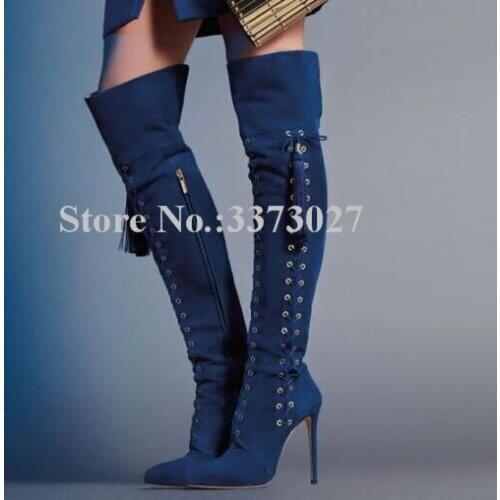 New Blue Suede Side Lace-up Long Boots Women Sexy Pointed Toe Stiletto Heel Over the Knee Boots Fashion Design Elegant Lady Boot