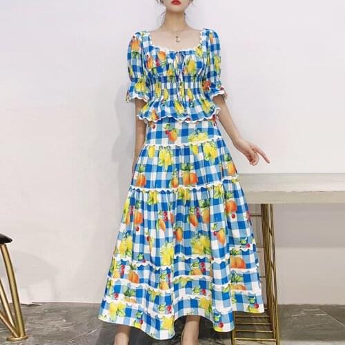 Summer 2021 New Designer Womens vintage flare sleeve Shirts+Plaid High-rise skirts 2piece set A191