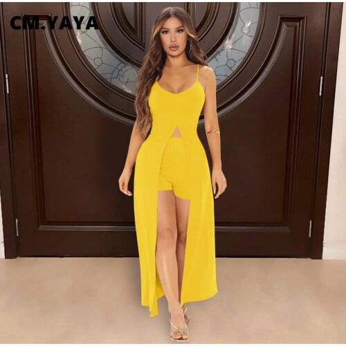 CM.YAYA Women Set Solid Sleeveless Strap V-neck X-long Split Tops Stretchy Shorts Two 2 Piece Set Active Tracksuit Summer Outfit