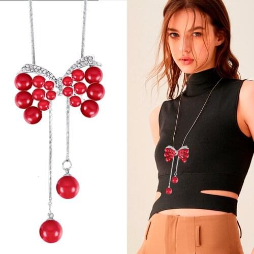 Collier Femme Fashion Necklaces & Pendants For Women Silver Imitation Pearls Bowknot Long Necklace Vintage Crystal Jewelry 2020