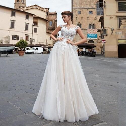 A-line Nude See Through Top Tulle Wedding Dress Sweep Train Outdoor Bridal Dress vestidos de novia con encaje