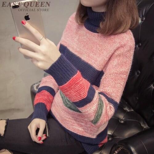 Winter women thick sweater pullovers cotton casual full sleeve fashionable women tops turtleneck patchwork sweater DD302 F