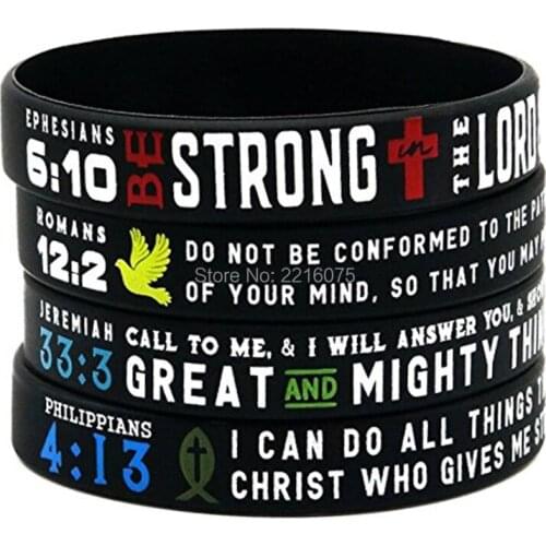 100pcs Ephesians 6:10, Romans 12:2, Jeremiah 33:3, Philippians 4:13 wristband silicone bracelets free shipping by ePacket