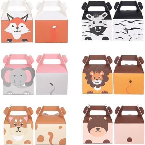 5pcs Jungle Cartoon Animal Paper Box Gift Bag Elephant Lion Fox Candy Boxes Forest Animal Theme Birthday Party Decor Baby Shower