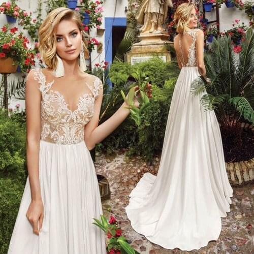 Boho Wedding Dresses 2020 O-Neck Appliques Lace Top Chiffon Skirt Wedding Gown Beach Bridal Dresses vestidos de novia