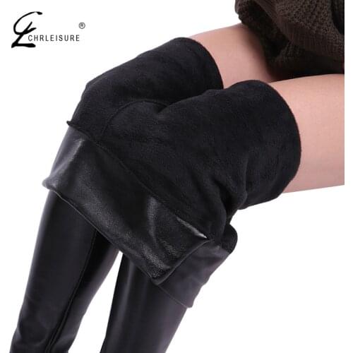 CHRLEISURE Winter Leather Leggings Women High Waist Warm Black Leggins Punk Push Up Leggings Thick Velvet Solid Legging S-5XL