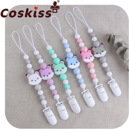 Coskiss Custom Baby DIY Personalize Name Silicone Fox Beaded Pacifier Chain Holder For Nipples Teether Soother Chew Toy