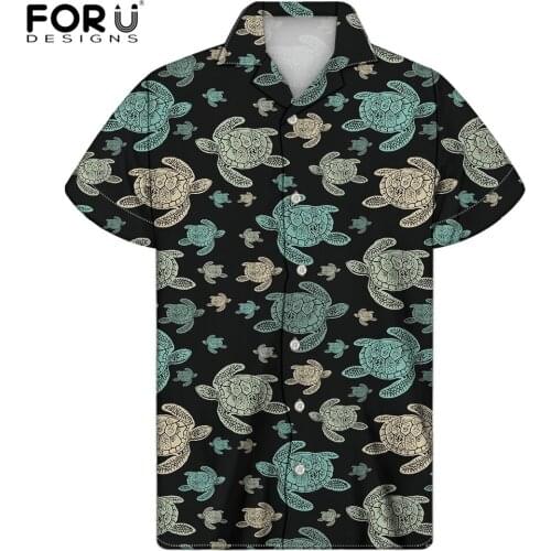 FORUDESIGNS Sea Turtle Polynesian Tribal Hawaiian Pattern Couple Summer Beach Blouse Shirts Men Fashion Short Sleeve Shirts