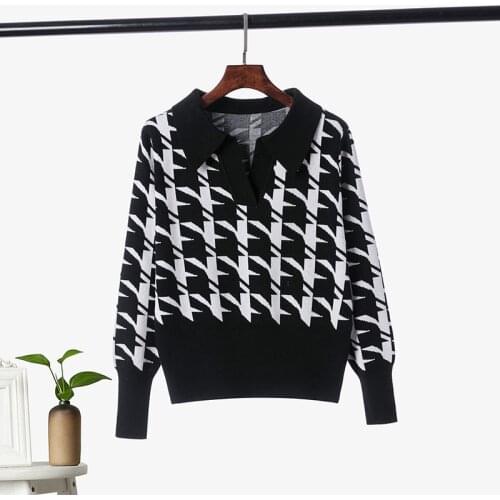 HLBCBG 2021 Spring Women Black Houndstooth Sweater All-Match Pullover V-Neck Slim High Waist Crop Top Femme