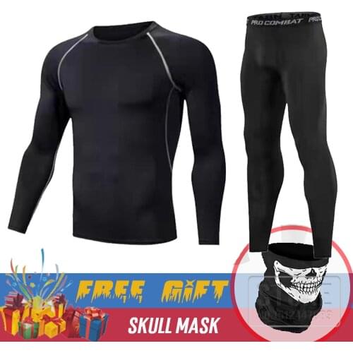 BLACK Mens Thermal Underwear Set Motorcycle 4 Seasons Skiing Warm Base Layers Sportwear Tight Long shirt & Tops Set clothing