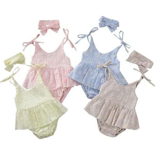 4 Colors Summer Lovely Baby Girls Romper Dress Daisy Printed Strap Sleeveless Belt Jumpsuits