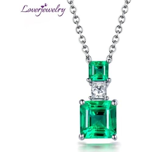 LOVERJEWELRY Solid 18K White Gold Princess Cut Emerald Pendant Natural Diamond Speical Design for Elegant Women Pendant Jewelry