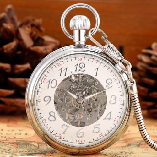 Luxury Silver Gold Mechanical Pocket Watch Arabic Numerals Automatic Skeleton Clock for Men Women Luminous Hands Pendant Chain