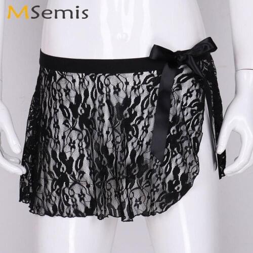 Mens Sissy Sexy Mid Rise Mini Skirts Exotic Side Split See Through Sheer Lace Skirt Gay Erotic Crossdressing Lingerie Club Wear