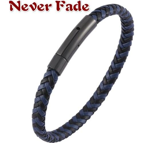 Never Fade Classic Style Men Leather Bracelet Simple Black Stainless Steel Button Neutral Accessories Hand-woven Jewelry Gifts