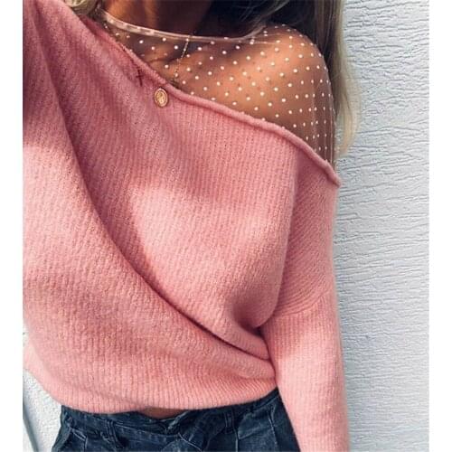 Autumn Stitching Camouflage Sweater Womens Sexy Round Neck Perspective Strapless Sweater Loose Casual Pullover Long Sleeve Top