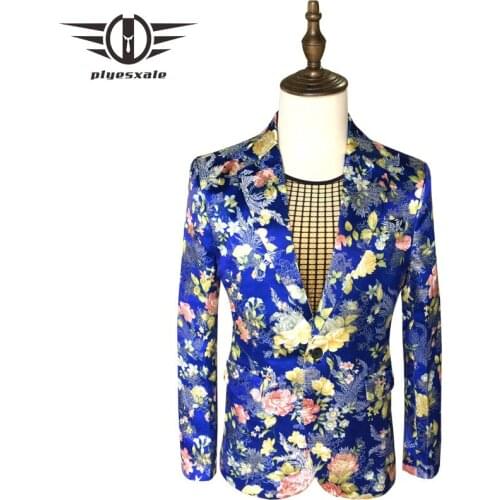 Plyesxale Mens Floral Blazers Jacket Flower Wing Pattern Plaid Blazer For Men Sequin Prom DJ Stage Singer Blazer Masculino Q228
