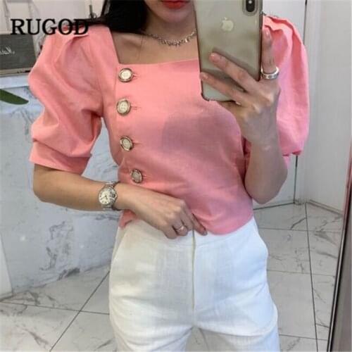 RUGOD 2019 New Arrival Women Solid Slim Shirt Square Collar Half Puff Sleeves Single-breasted Blouse Korean Temperament Tops