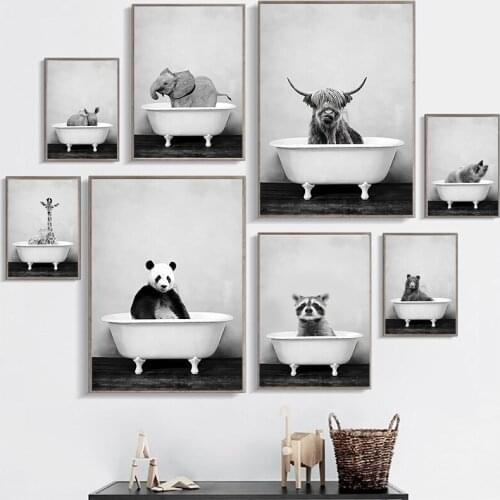 Rhino Raccoon Giraffe Elephant Nordic Poster Print Animal Take Bath Wall Art Canvas Painting Picture For Living Room Home Decor