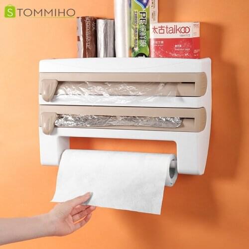 STOMMIHO 4 in 1 Wall-Mount Paper Towel Holder Plastic Wrap Foil Dispenser Film Cutter Caster Storage Rack Kitchen Organizer