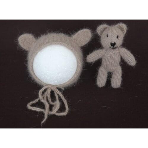 Teddy Bear Bonnet Fluffy Angora Newborn Animal Hat And Toy Set Hand Knit Baby Sutffed Toy Photography Props
