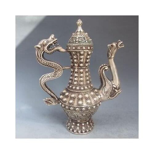 Tibetan silver Ssangyong Flagon Totem Rare Lucky Big Tea Pot Garden Decoration 100% real Tibetan Silver Brassroom Art