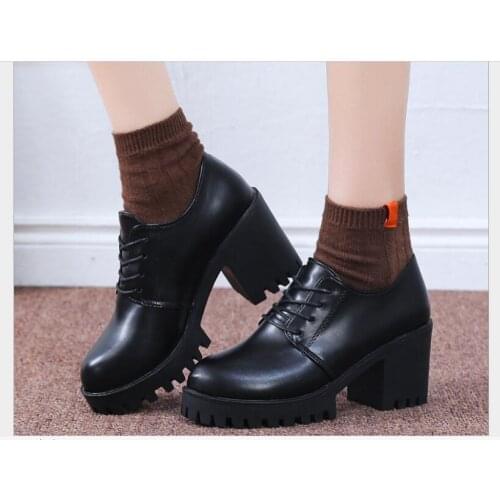 Single shoes women round toe straps high heels womens shallow mouth low toe Black female shoes Thick heel work shoes women pump