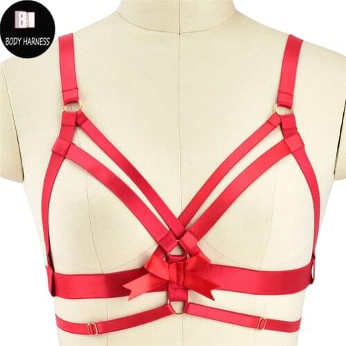 Rave Crop Top Women Red Bow Body Harness Sexy Lingerie Body Cage High Quality Open Bra Fetish Bustier Stockings Belt