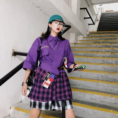 Hip-hop Street Tide Colour Lattice Stitching Cloth Pocket Wind Luggage Middle and Long shirt Bf Neutral SHIRTS