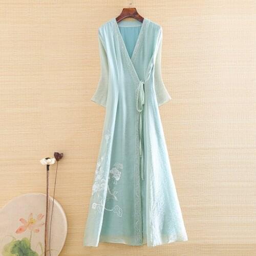 High-end Spring Chinese Style Women Hanfu Dress Retro Embroidery Flowers 3/4 Sleeve Slim Elegant Lady Party Dress S-XXL