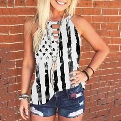 White Shirts Stripe Plus Size Tunic Tops Blusas Women American Flag Print Keyhole Neck Halter Sleeveless Casual Summer Tops