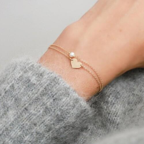 Women Solid Color Faux Pearl Bracelet Heart Bangle Jewelry Double Chain Gift