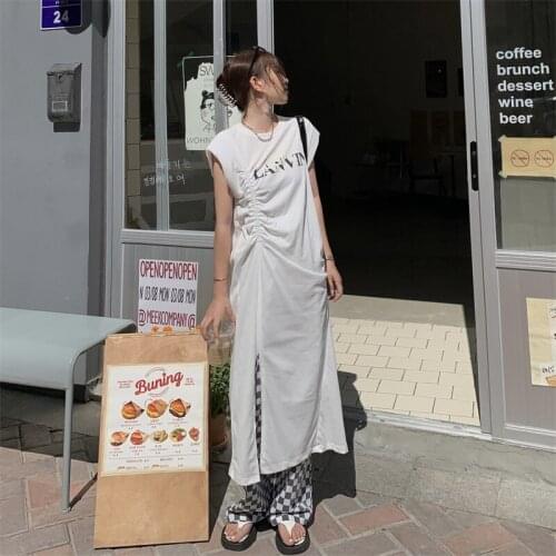 Dress Temperament Design Sense Slit Drawstring Short-sleeved Dress Female Summer New Korean Style High Waist Slim Dress