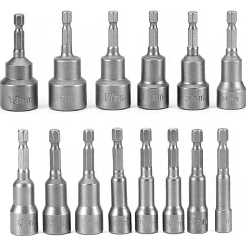 14pcs Professional 1/4" Hex Magnetic Nut Driver Socket Adapter 6mm To 19mm For Power Tools Set Metric Impact Drill Bits
