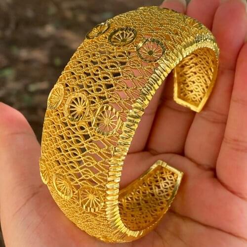 24k Copper Curved Shape Indian Bangle for Women Gold Color Dubai Big Bracelet African Jewelry Saudi Arabia Gifts