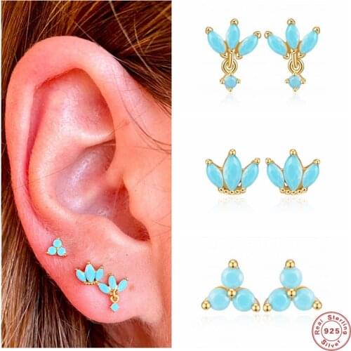 Aide 925 Sterling Silver Turquoise Crown Stud Earrings For Women Bohemian Tiny Blue Zircon Second Hole Ear Studs Jewelry Set