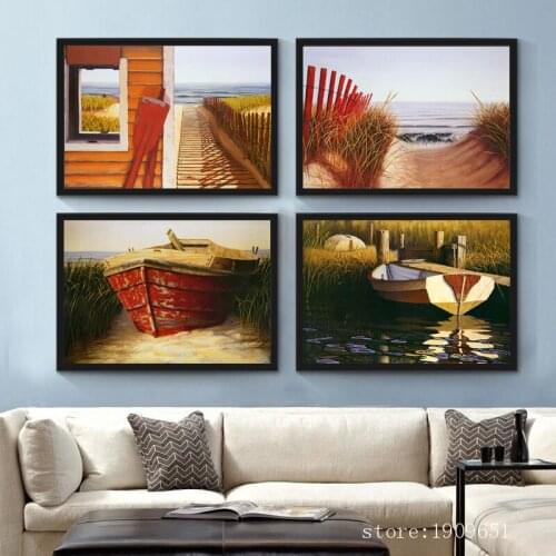 No frame pastoral boat house scenery canvas printings oil painting printed on cotton home wall art decoration pictures
