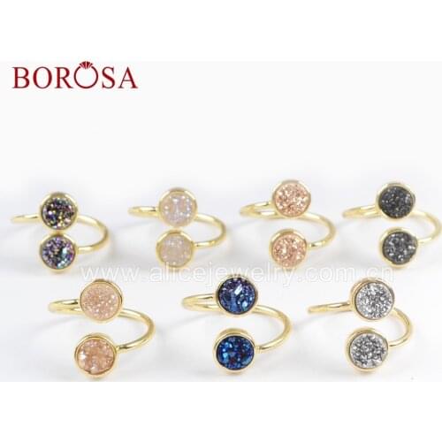 BOROSA 9mm Double Round Stone Gold Plated Bezel Natural Agates Titanium Rainbow Druzy Ring Adjustable Rings Jewelry ZG0363